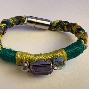 Brazilian boho bracelet in braid, thread wrapping and large rhinestones NWOT